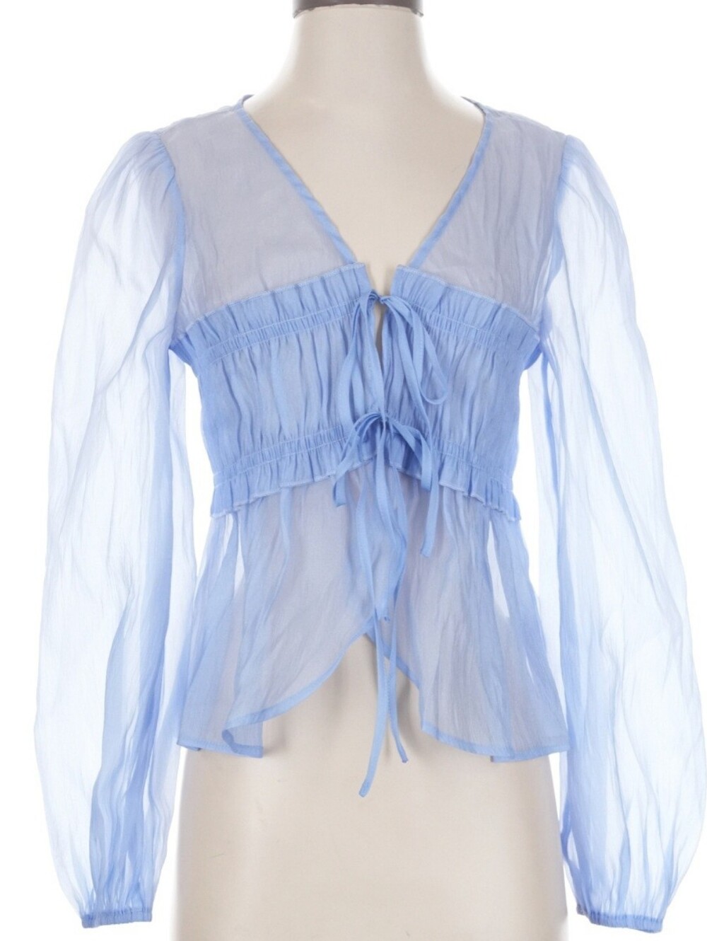 Lulus Powder Blue Sheer Pleated Lace-Up Smocked Peplum Blouse NWOT S